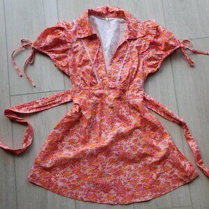 Free People Dottie Orange Floral Short Sleeve Mini Dress Size XS